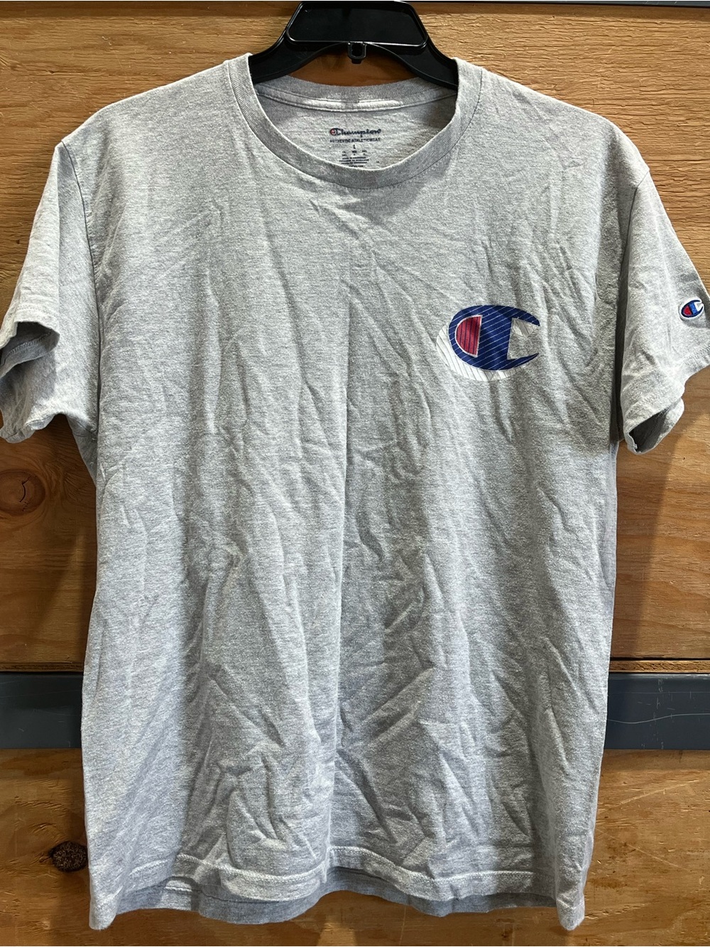 Champion Short Sleeve Gray T-Shirt with Blue & Red Logo - Picture 1 of 4